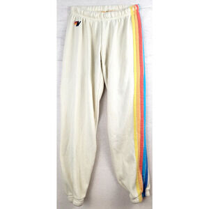 Aviator Nation 5 Stripe Sweatpants XS Vintage White Rainbow Jogger Made in USA